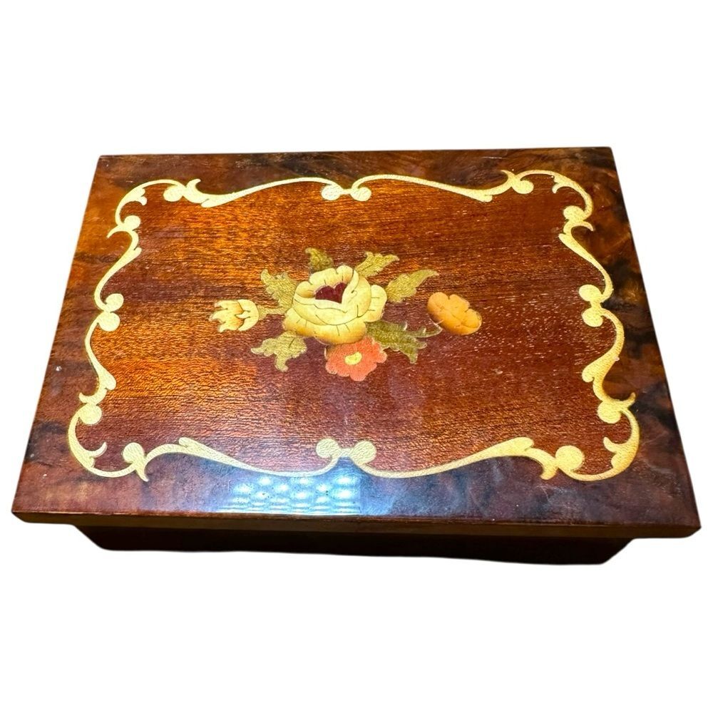 Vintage Italian wooden music, jewelry box from Sorrento intricate floral inlay